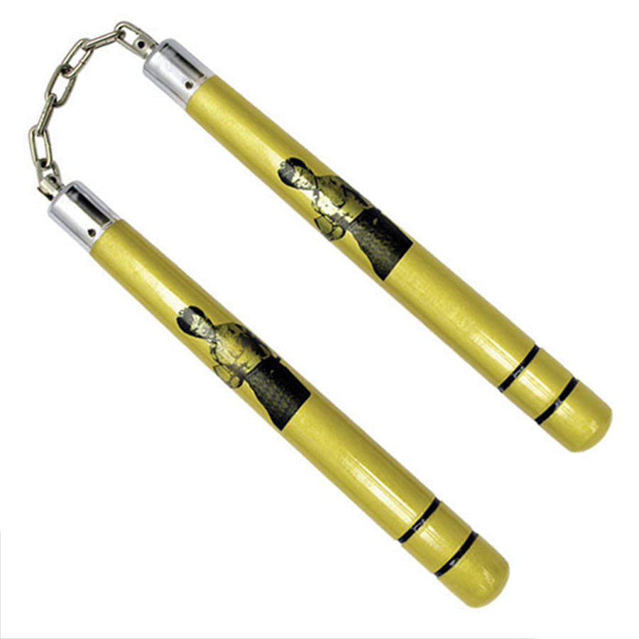 Kovapuusta valmistetut lujia iskuja kestävät&nbsp; kullan väriset nunchaku-kapulat. Kuulalaakeroidut ja hitsatut ketjulenkit legendaarisella Bruce Leen kuvalla varustettuna. Kuvassa nuncha kepit ketju rennosti