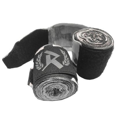Rurik Käsisiteet hand wraps pituus 5m pitkä käside harmaa camo kuvattua sivulta sekä tarra auki