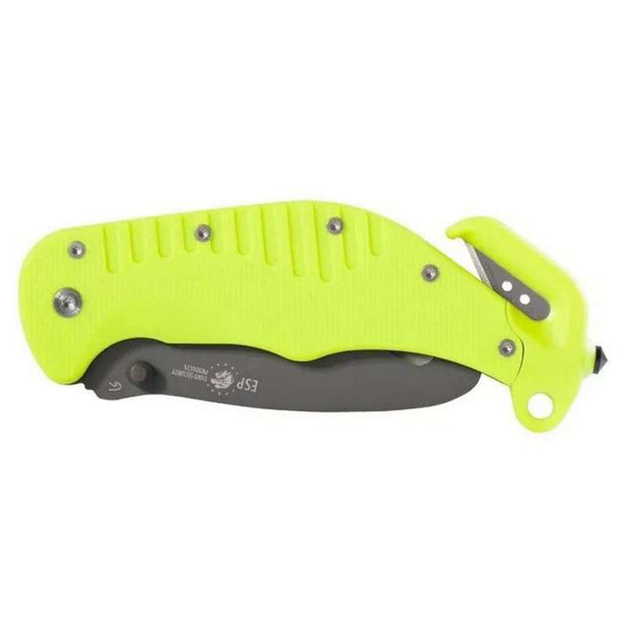 ESP pelastusveitsi rescue knife laskinrikkojalla ja vyöleikkurillan kuvattu taitettuna.