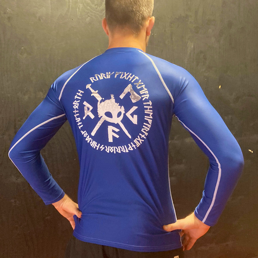 Rurik fg nogi bjj rash guard pitkähihainen treenipaita ja ottelupaita sininen kuvattu takaa