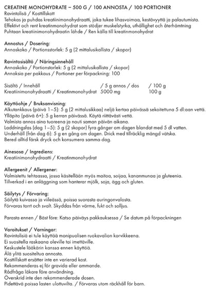 All Sports Labs CREATINE MONOHYDRATE  Ravintolisä. Tehokas ja puhdas kreatiinimonohydraatti, joka tukee lihasvoimaa, kestävyyttä ja palautumista. Kuvassa tuotteen ravintosisältö ja käyttöohje. ptcumbat.com