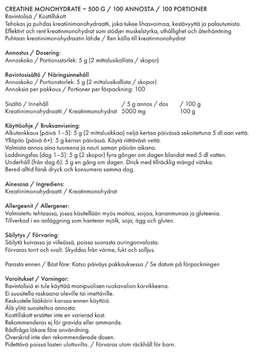 All Sports Labs CREATINE MONOHYDRATE  Ravintolisä. Tehokas ja puhdas kreatiinimonohydraatti, joka tukee lihasvoimaa, kestävyyttä ja palautumista. Kuvassa tuotteen ravintosisältö ja käyttöohje. ptcumbat.com