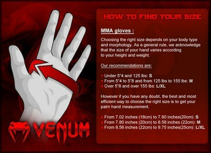 Venum MMA otteluhanskat otteluihin, harjoituksiin ja säkkitreeneihin. Mma hanskat on valmistettu kestävästä nappa-nahasta. Tuettu peukalo.
 Hyväksytty ottelukäyttöön. Kuva mma hanskojen kokotaulukko.