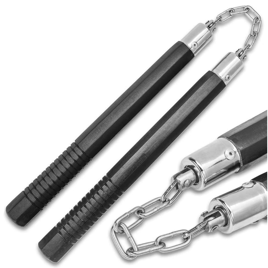 Professional Octagon Hardwood Nunchaku musta. Kuulalaakeroidut, hitsatut ketjulenkit, materiaali punatammea.  muotoilu kahdeksankanttiseksi. Laadukkaat nuncha kepit.Kuvassa yksityiskohta.