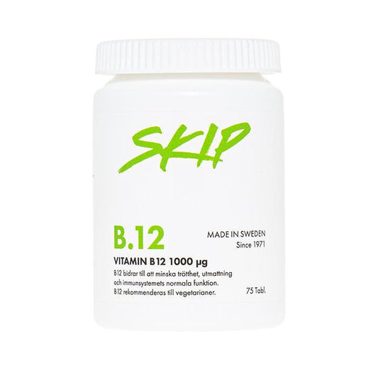 Skip B12 vitamiini. 1000 mikrgrammaa 75 tablettia. Kuvassa purkki.