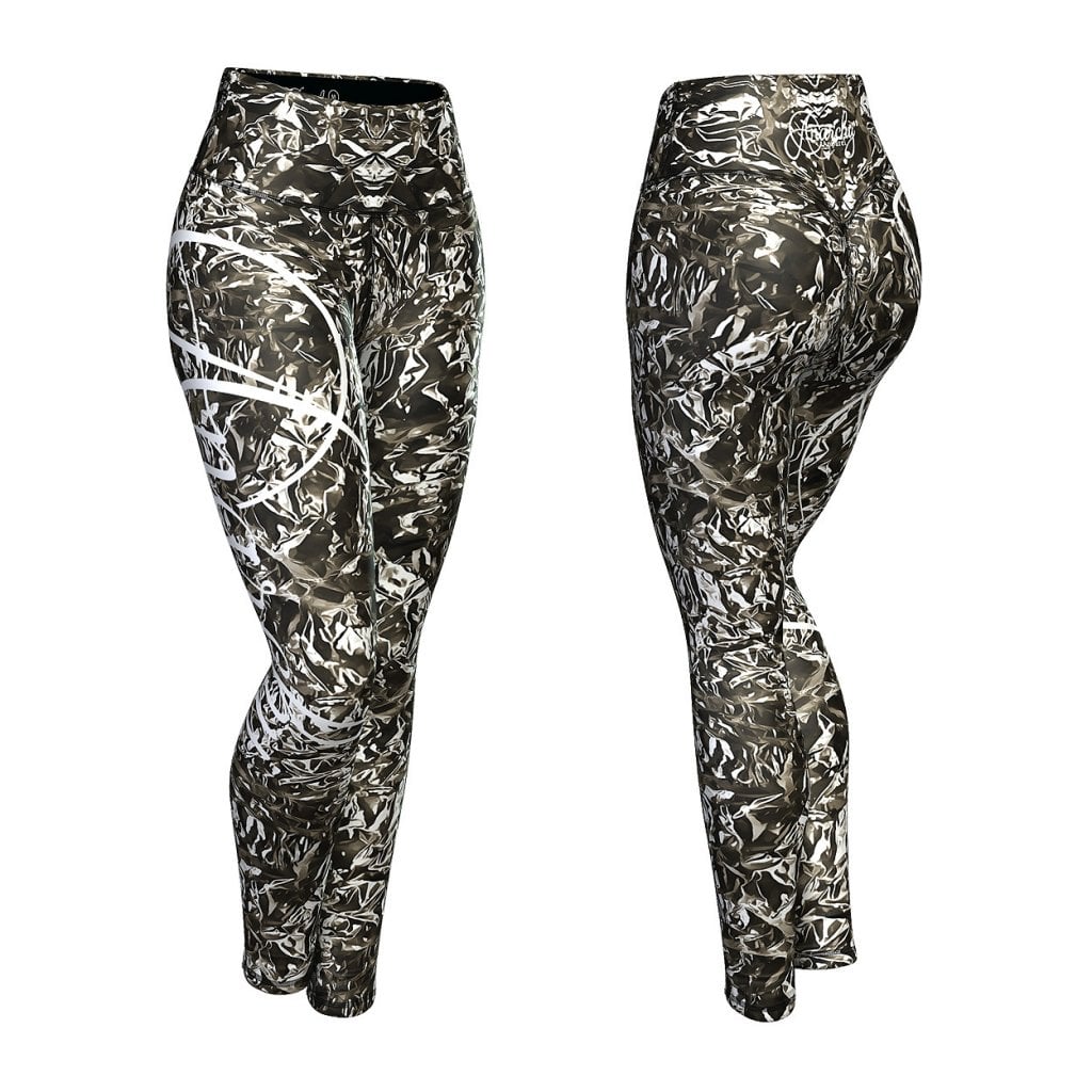 Anarchy apparel foil leggingsit, Korkeavyötäröinen ja takamuksesta sydämenmuotoinen leikkaus. Upea kuviointi. Kuva edestä ja takaa